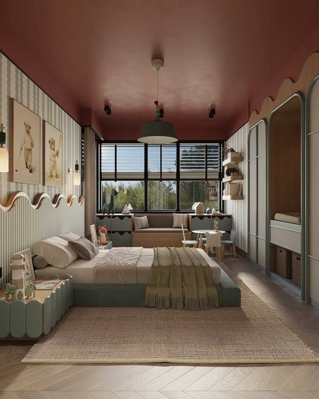 Warmly lit modern kids room interior