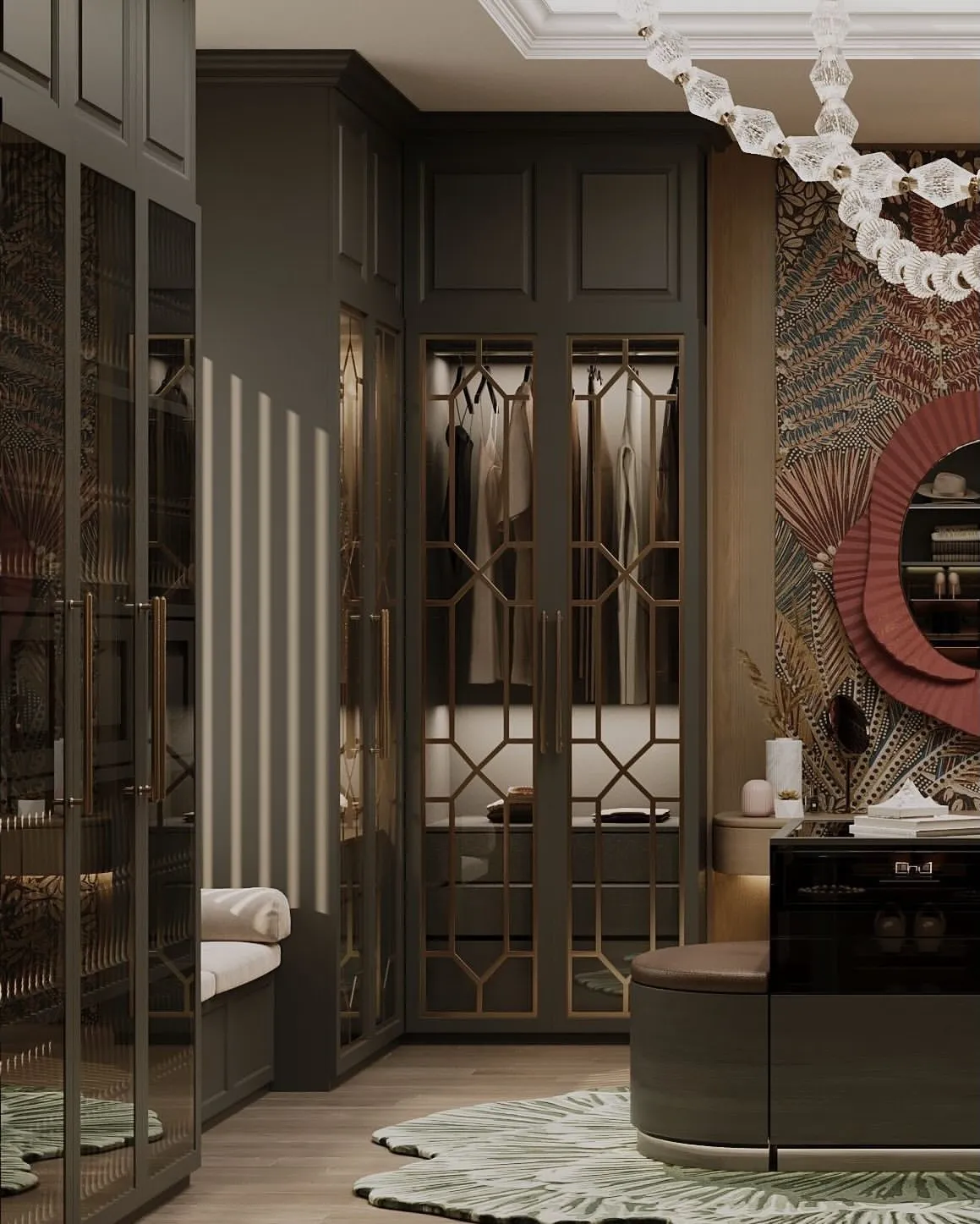 Luxury wardrobe room with LED profile lighting